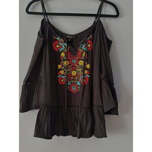 BCX Women’s Small Y2K Black Floral Ruffle Bell Sleeve Embroidered Top retro Y2K